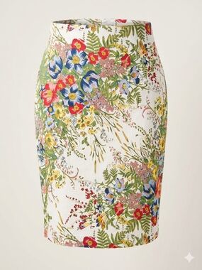 Floral Pencil Skirt Sexy Stretch in White with Multicolor Bouquet Print